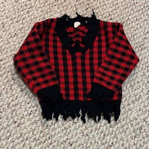 Plaid Red and Black Distressed Sweater